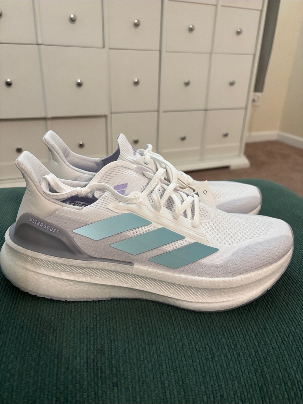Adidas White Ultraboost 5X Running Shoes with Light Blue Stripes size 11 M/12.5W